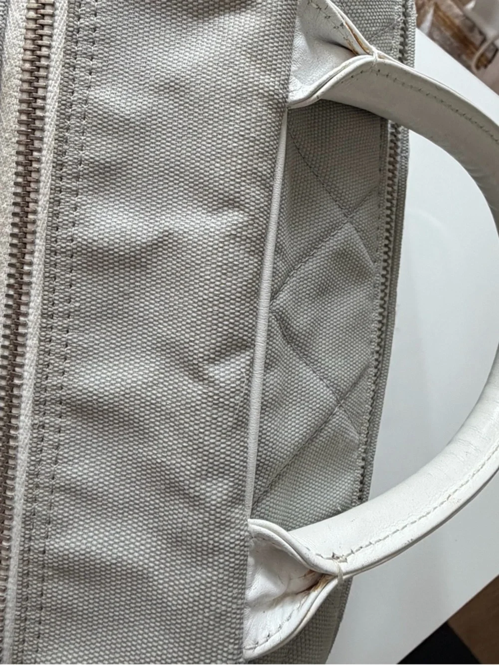 Chanel Sports Line Quilted Logo Bowler Bag Grey Canvas White Leather Trim